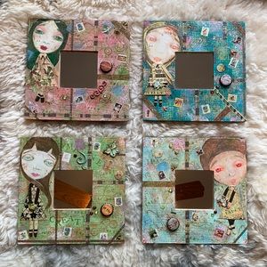 🌈❤️Set of 4 Big Eyed mirrors. Collage art Wooden frames each 10” x 10”.